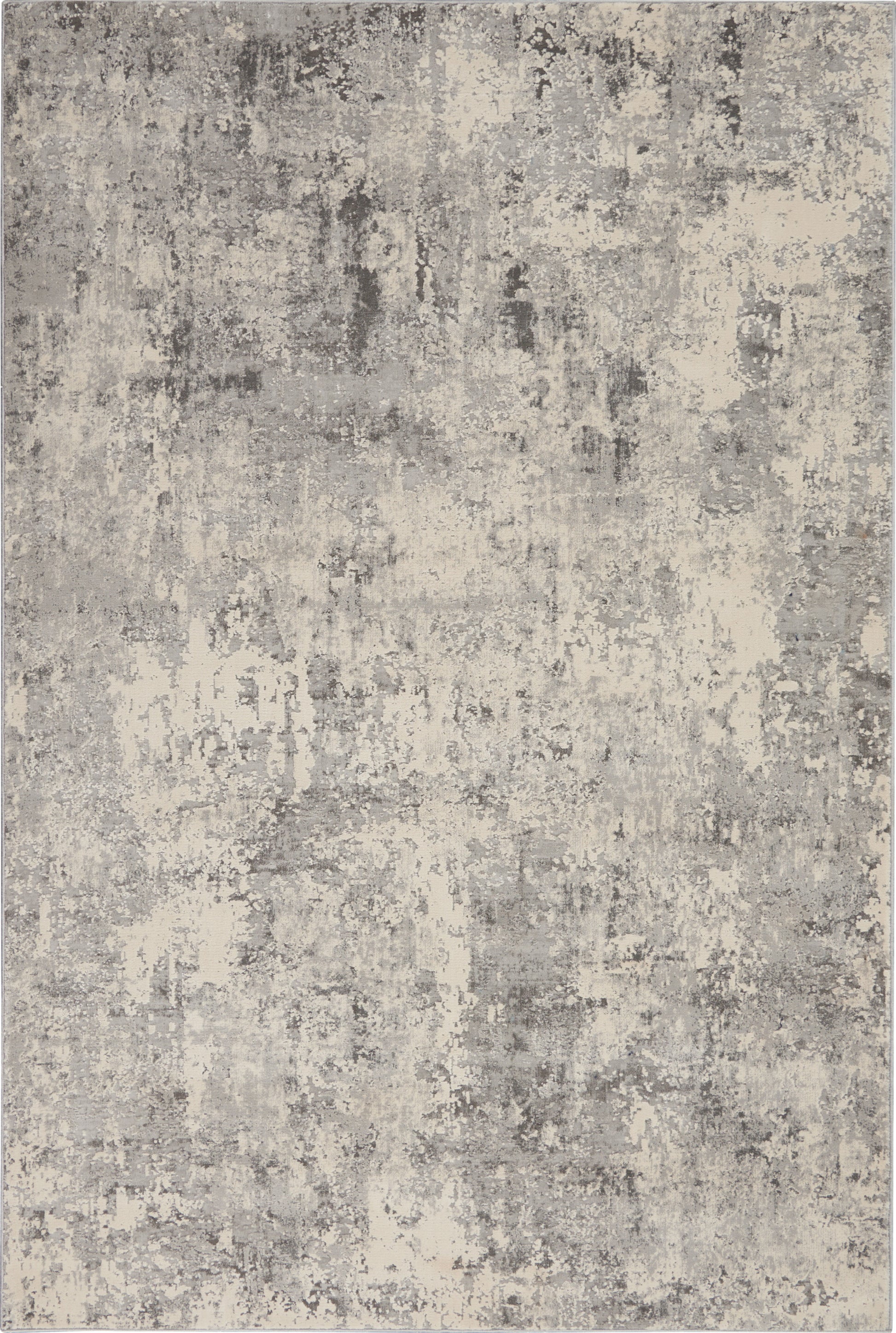 Abstract distressed gray and ivory area rug with weathered texture, modern contemporary style.