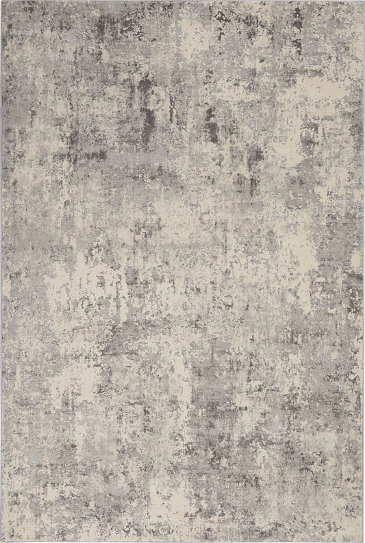 Abstract distressed gray and ivory area rug with weathered texture, modern contemporary style.
