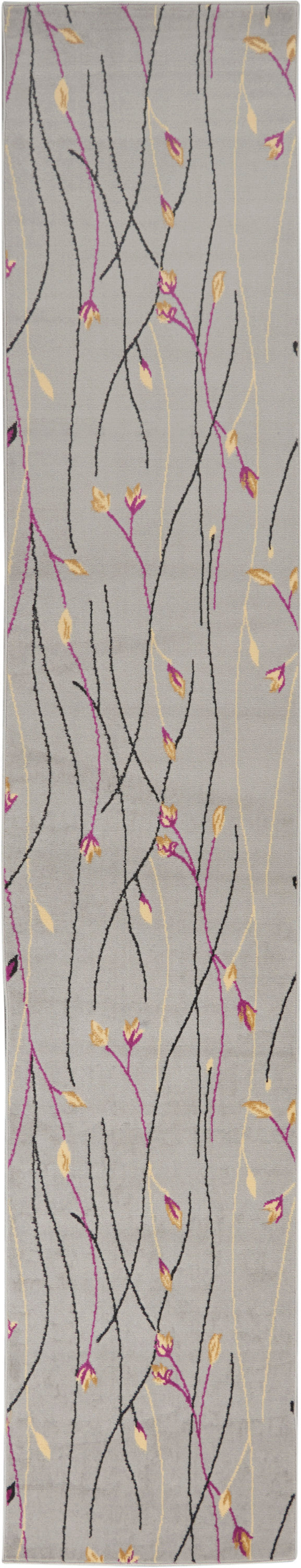 Long rectangular rug runner in gray with abstract black, pink, and yellow vine lines and small leaves.