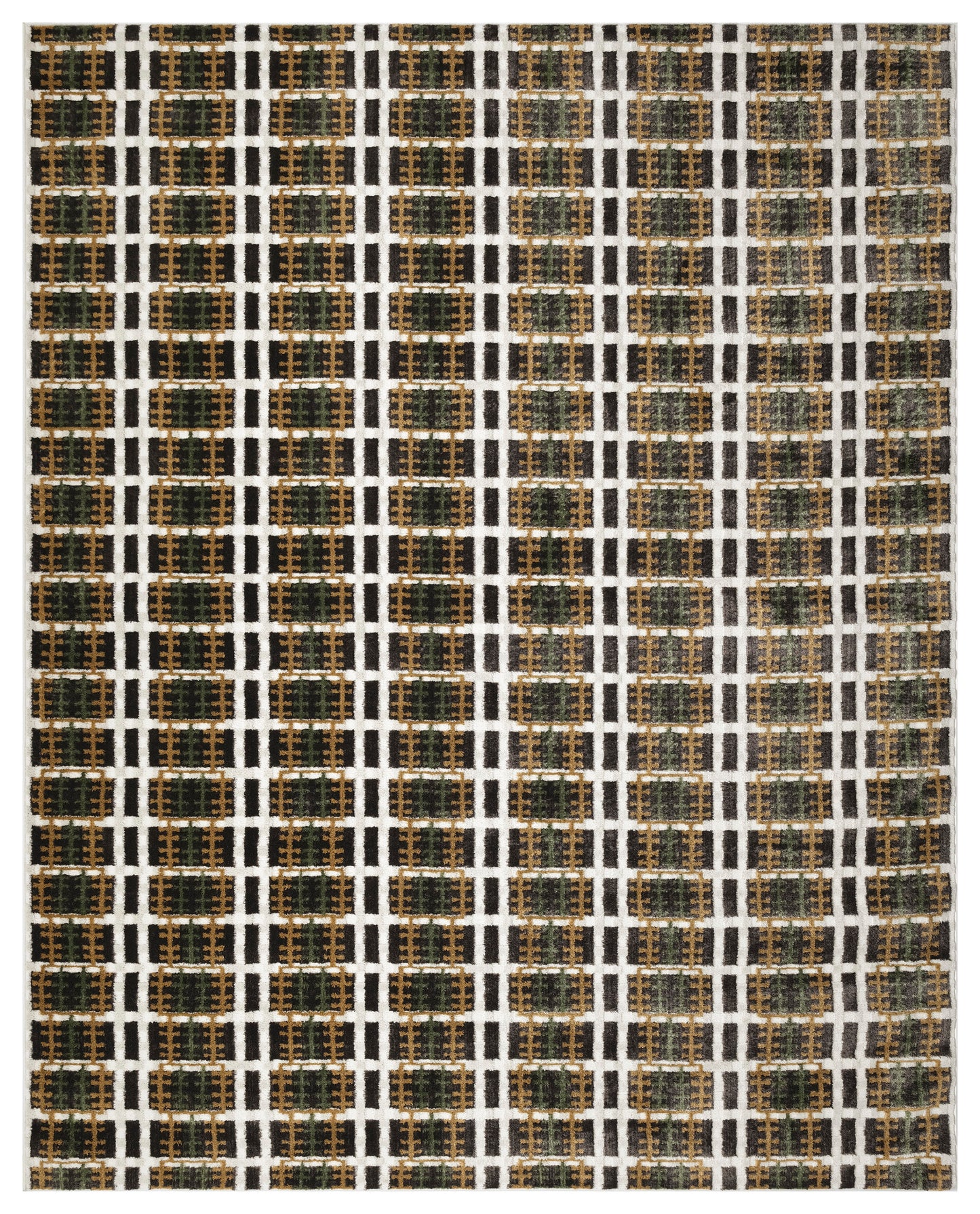 Rectangular modern area rug with black-and-white grid and olive-brown textured squares; geometric pattern.