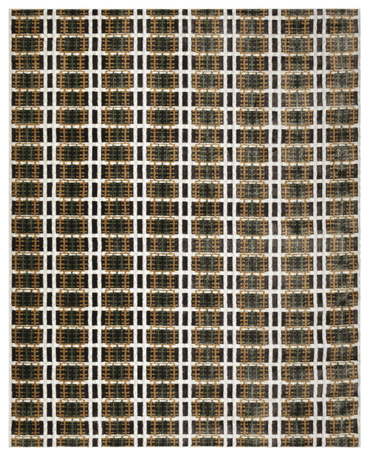 Rectangular modern area rug with black-and-white grid and olive-brown textured squares; geometric pattern.