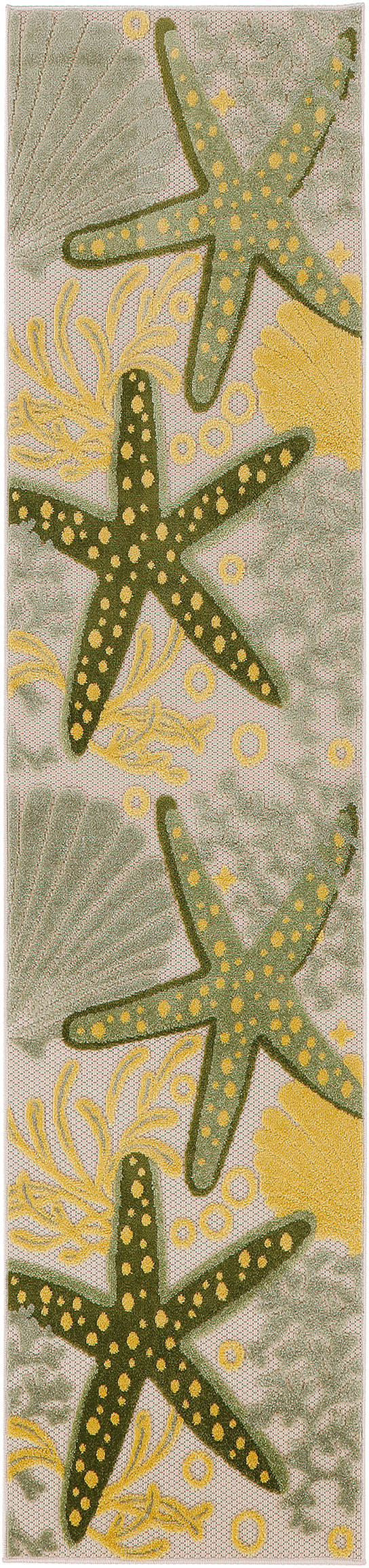Coastal outdoor runner rug with three green starfish dotted in yellow on a pale seafoam background; seaweed and coral motifs.