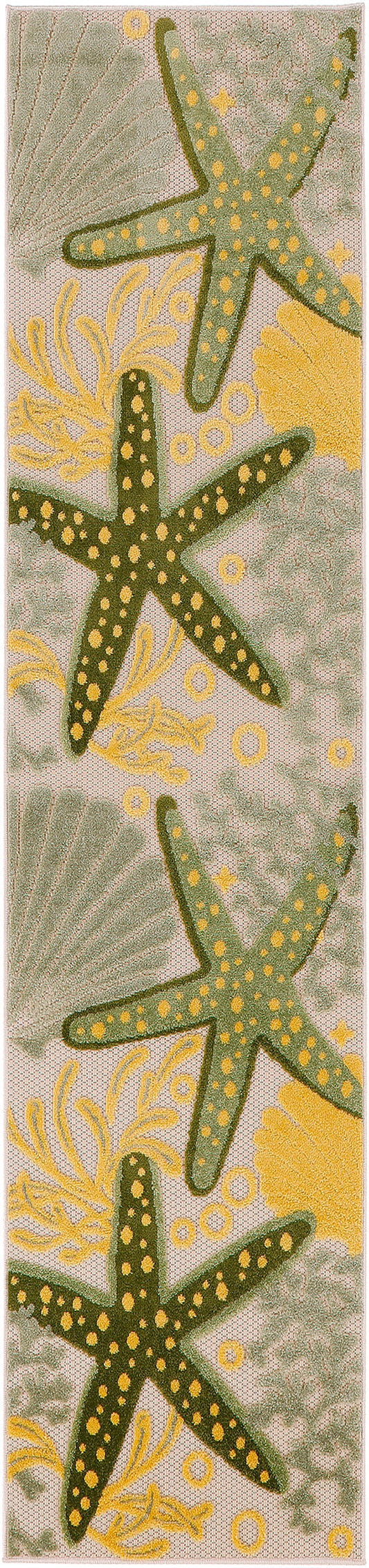 Coastal outdoor runner rug with three green starfish dotted in yellow on a pale seafoam background; seaweed and coral motifs.
