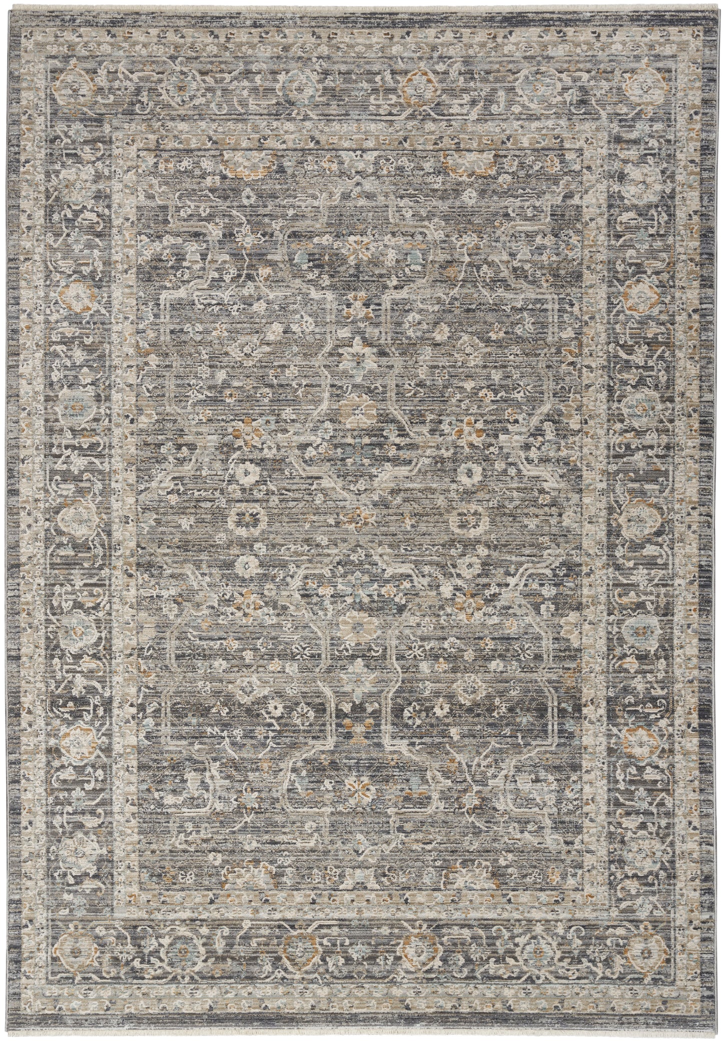 Distressed grey-blue oriental area rug with ivory-beige floral border and central medallion.