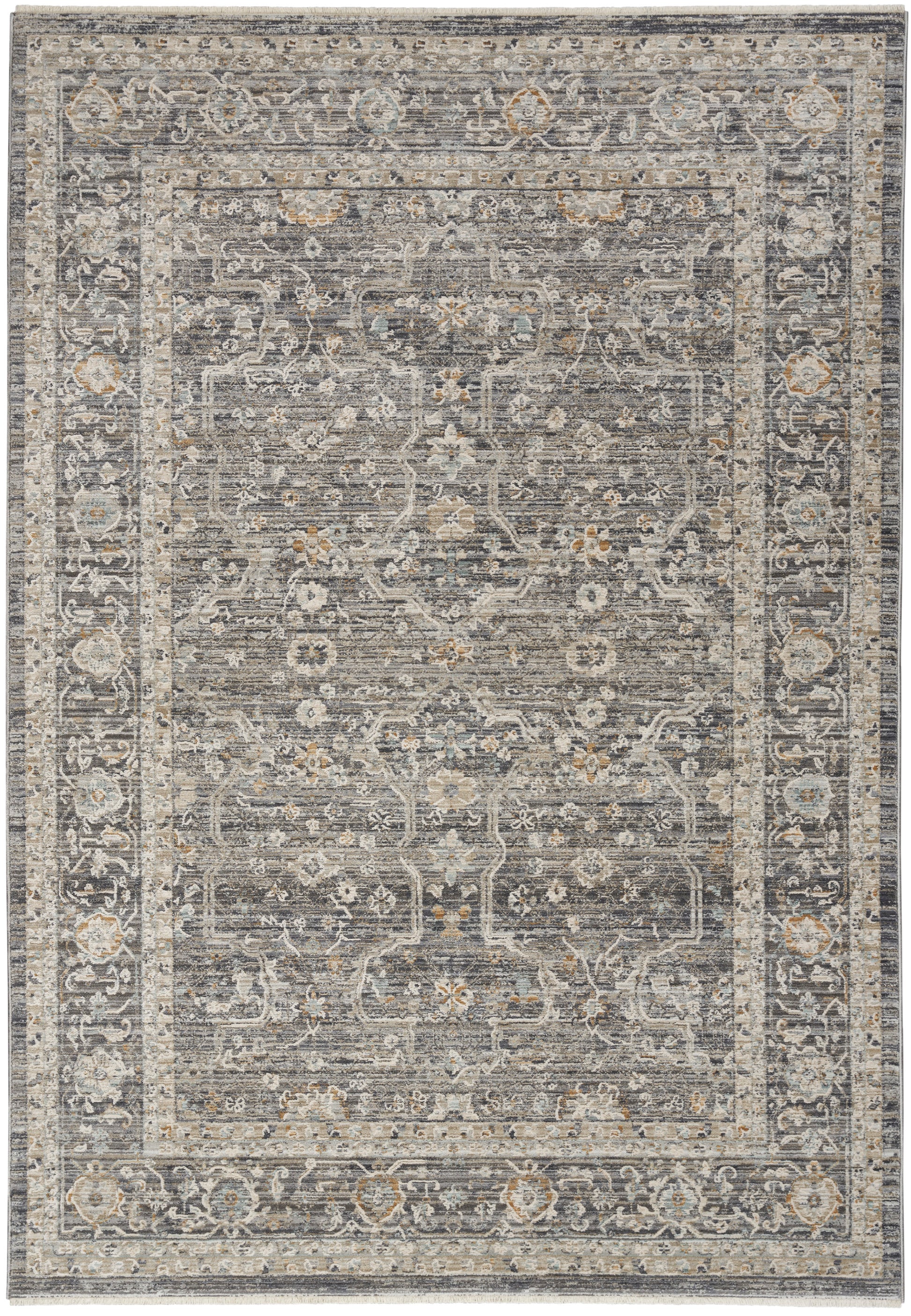 Distressed grey-blue oriental area rug with ivory-beige floral border and central medallion.
