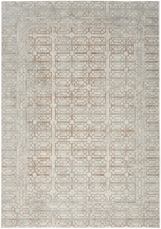 Rectangular rug with beige base and subtle gray geometric lattice; taupe/copper accents for a modern vintage living room.