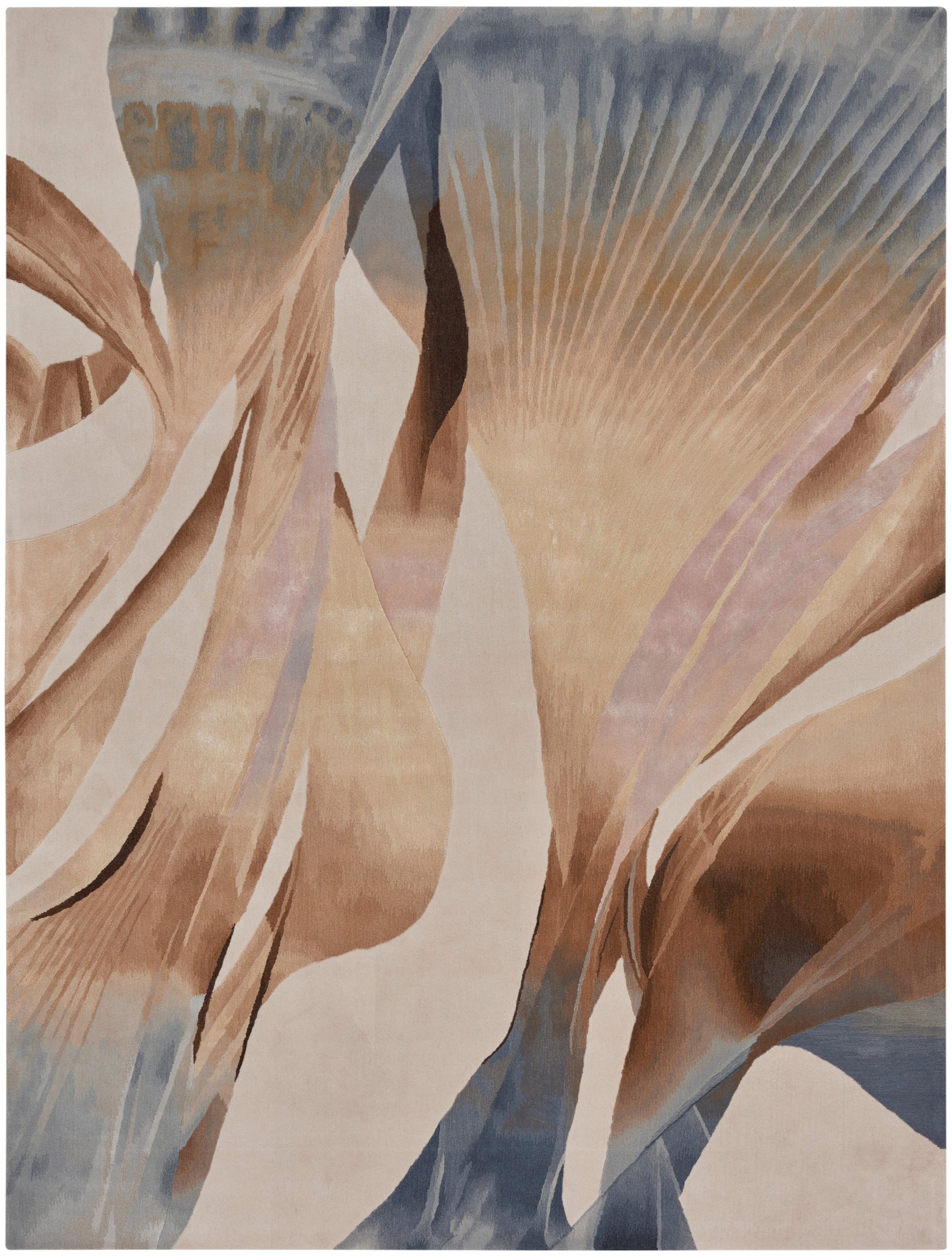 Abstract tapestry rug in beige, tan, brown and blue with fluid curves and feathered shapes.