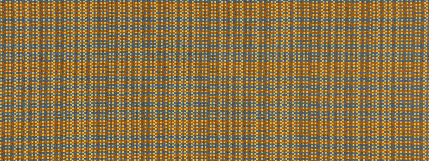 Orange and gray plaid upholstery fabric with fine white threads; woven plaid pattern.
