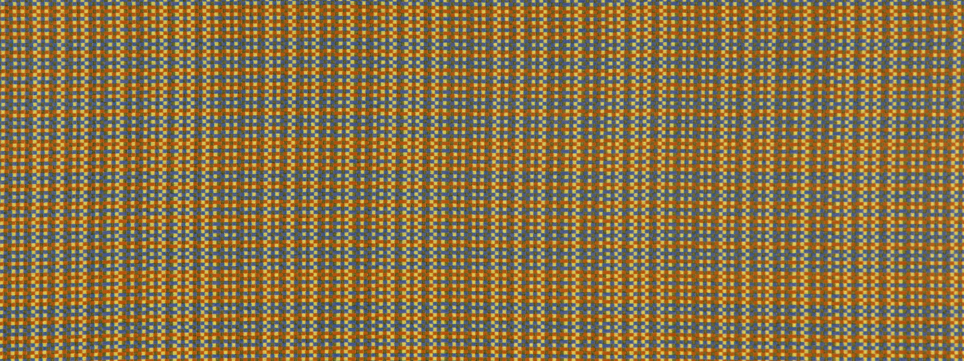 Orange and gray plaid upholstery fabric with fine white threads; woven plaid pattern.
