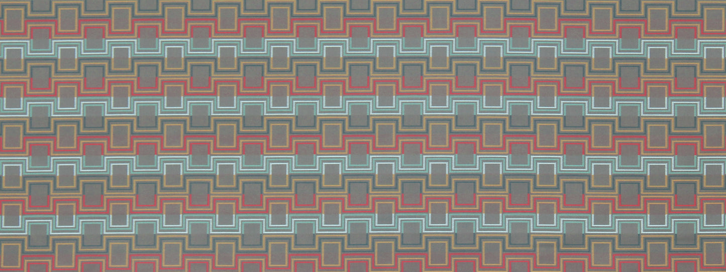 Geometric teal & red interlocking square pattern on a gray background; modern repeating tessellation for upholstery fabric.