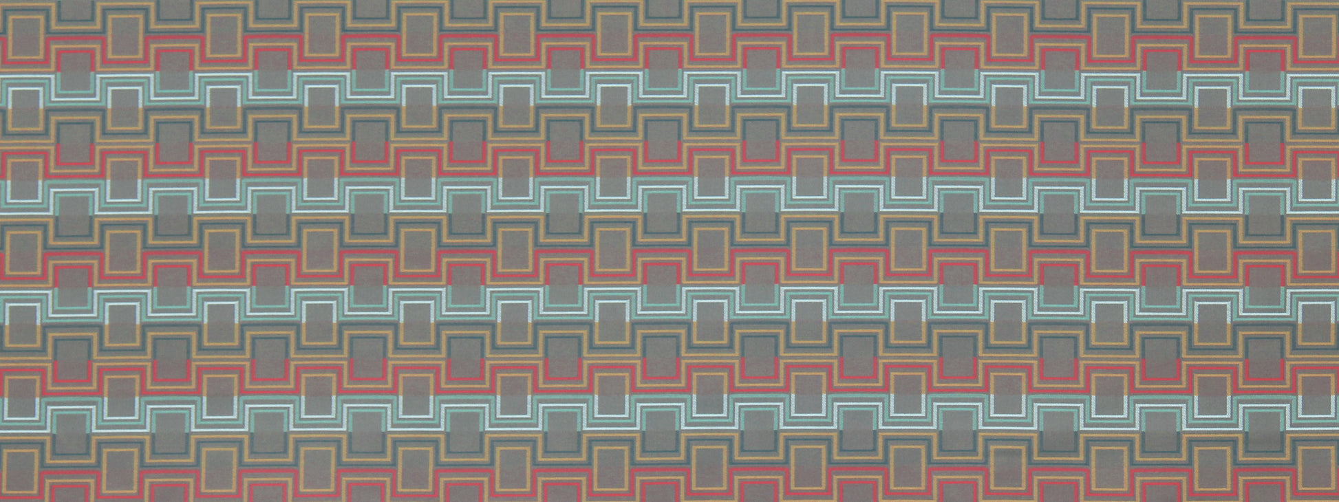 Geometric teal & red interlocking square pattern on a gray background; modern repeating tessellation for upholstery fabric.