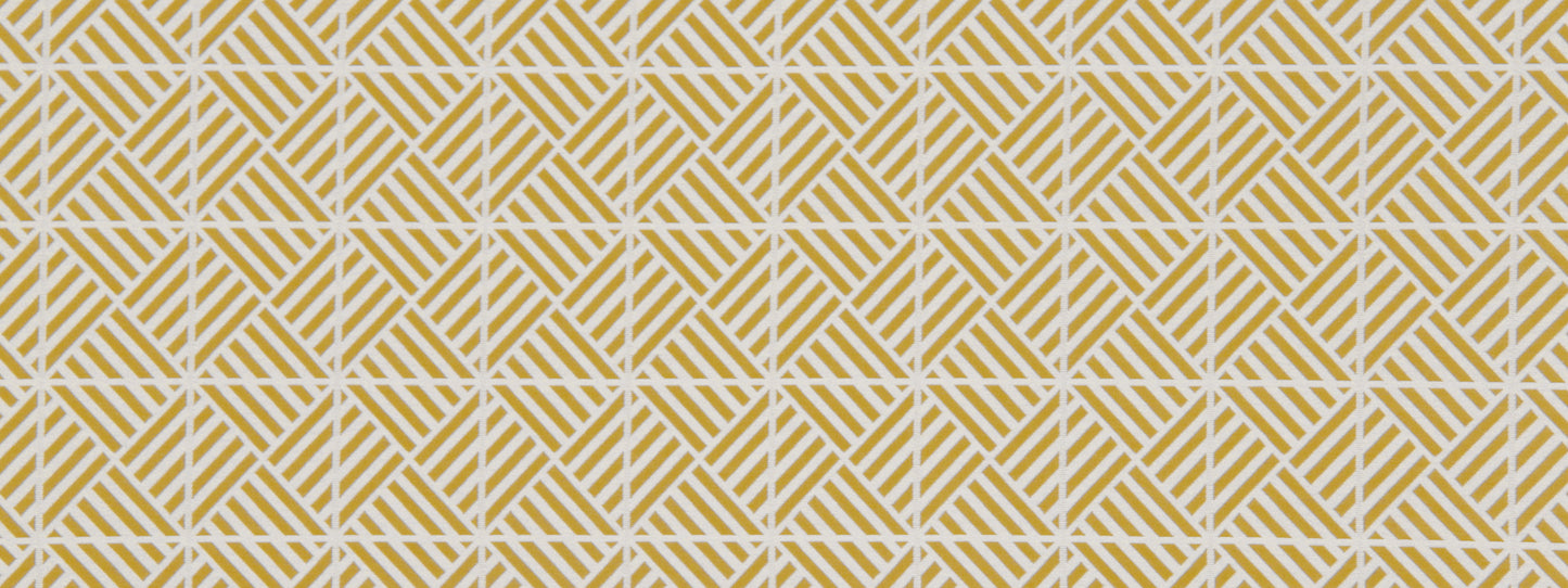 Gold and white geometric diamond pattern with diagonal stripes on upholstery fabric.