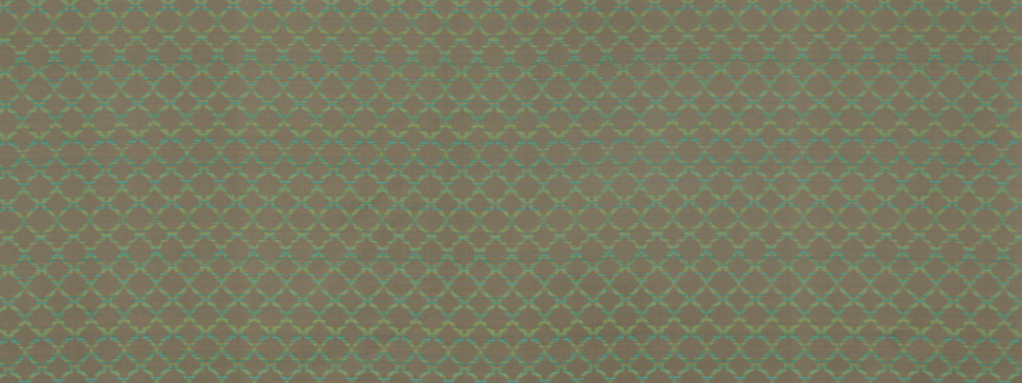Brown fabric with teal diamond lattice pattern in a retro trellis style.