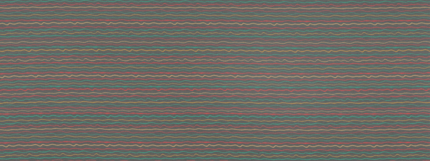 Muted multicolor wavy stripe fabric pattern in greens, blues, browns and pinks.