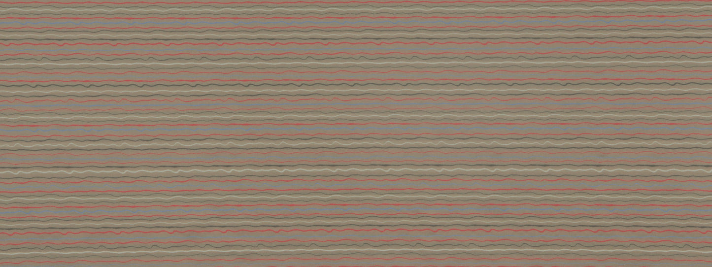 Woven fabric texture with thin, irregular horizontal wavy stripes in earthy beiges, tans, pinks and blues.