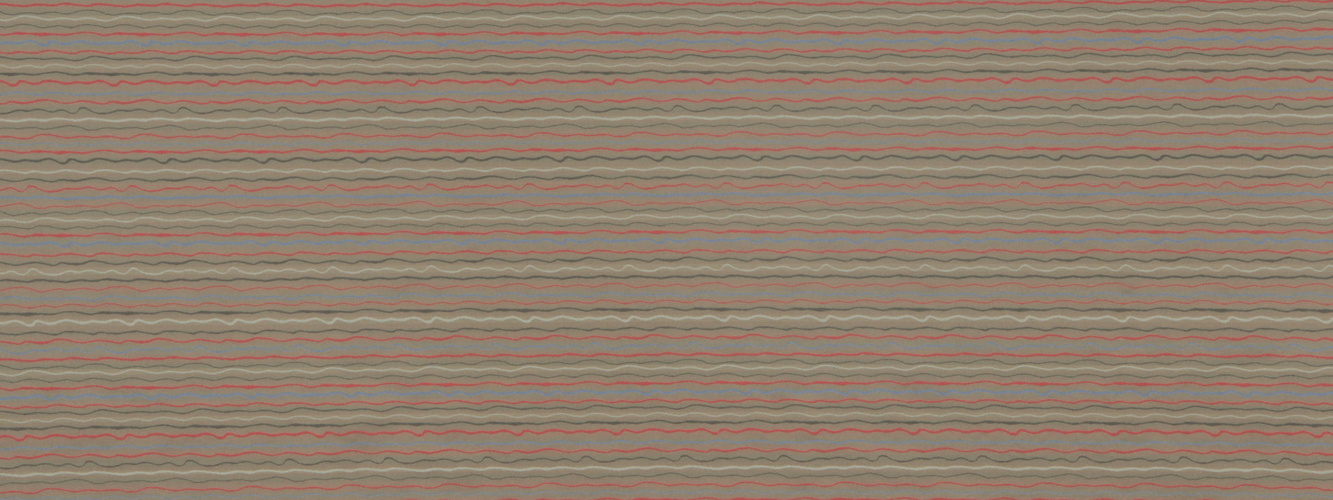 Woven fabric texture with thin, irregular horizontal wavy stripes in earthy beiges, tans, pinks and blues.