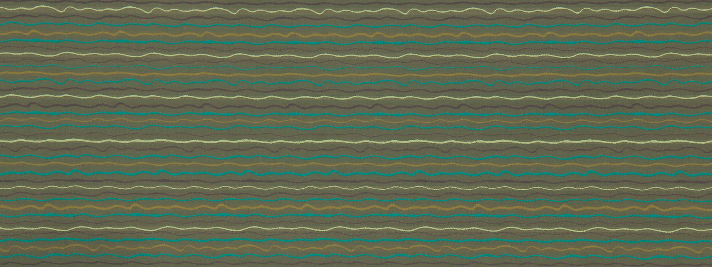 Olive green fabric with repeating multicolored wavy stripes in teal, gold, and tan.