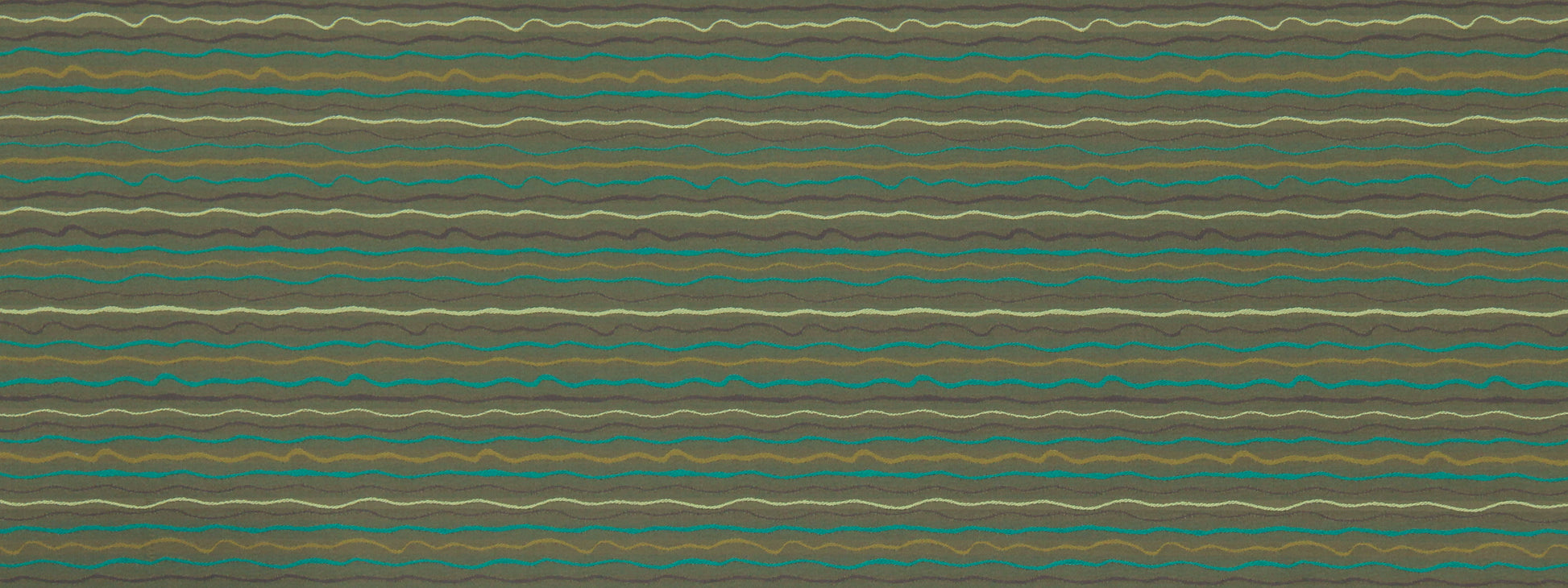 Olive green fabric with repeating multicolored wavy stripes in teal, gold, and tan.