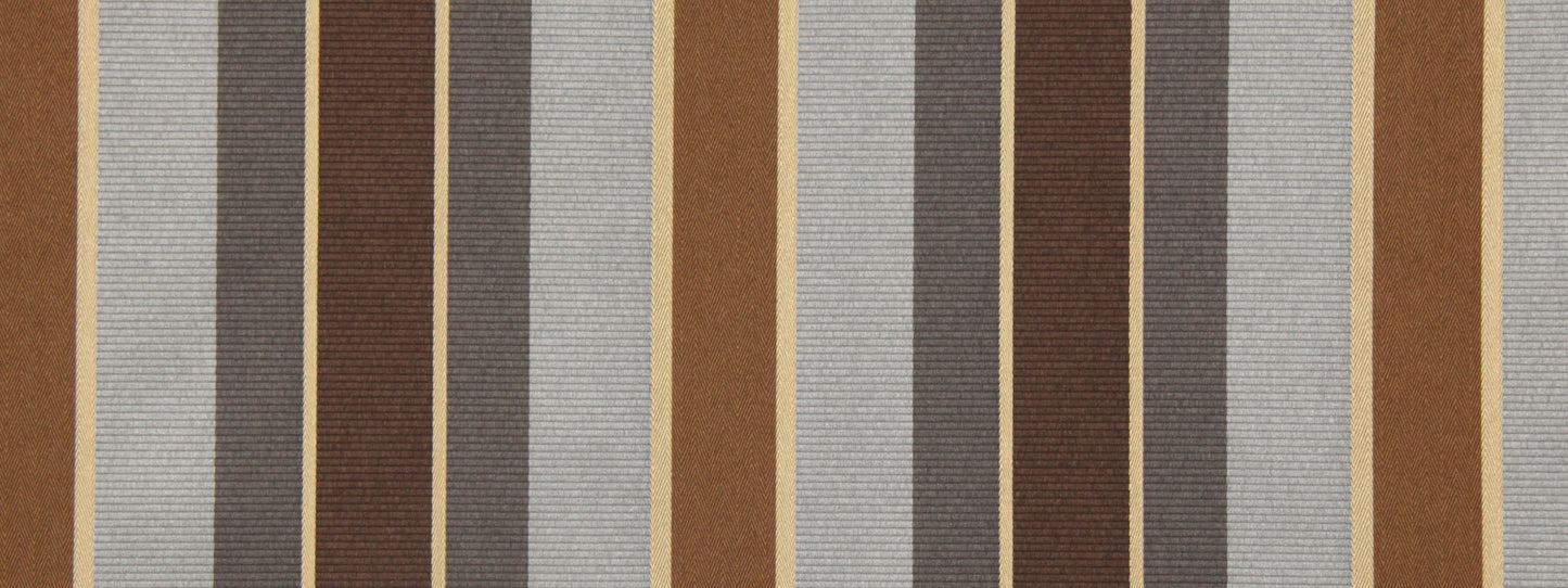 Vertical striped woven upholstery fabric in brown, tan, gray and charcoal.
