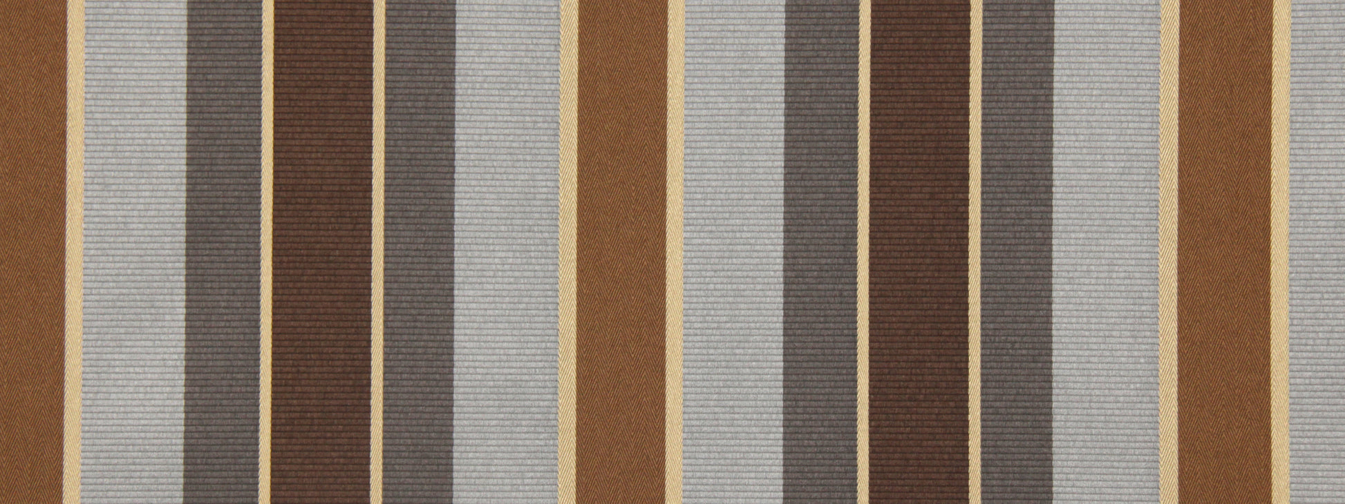 Vertical striped woven upholstery fabric in brown, tan, gray and charcoal.
