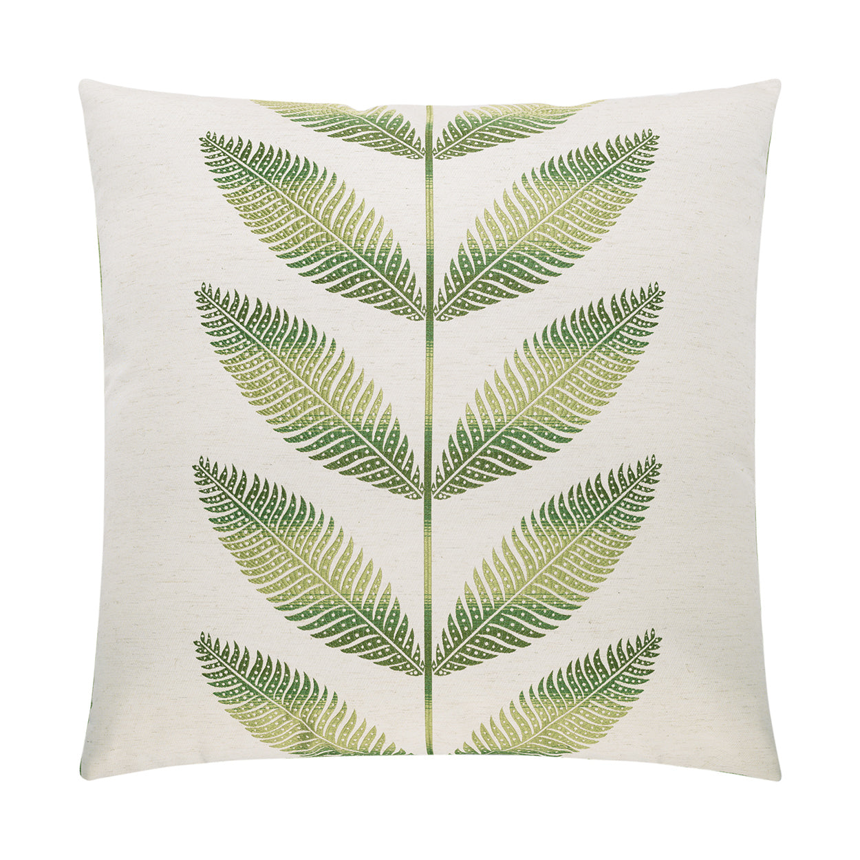 Beige square pillow featuring a central green fern frond print.