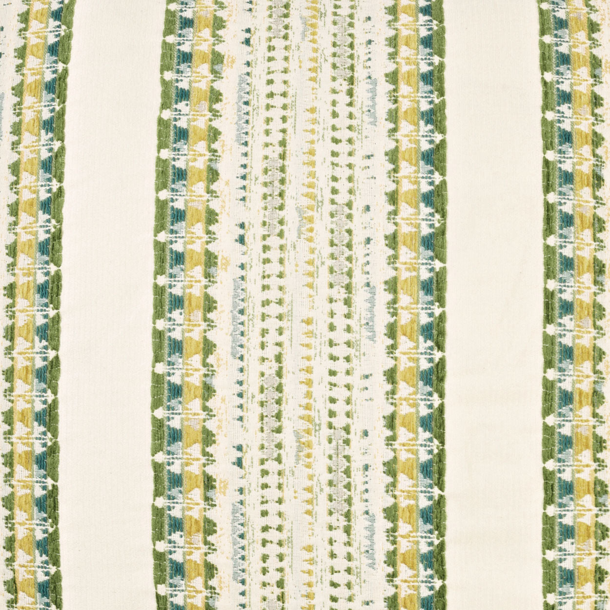 Vertical striped woven textile in green, teal, and mustard on cream background; geometric, textured pattern.