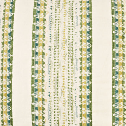 Vertical striped woven textile in green, teal, and mustard on cream background; geometric, textured pattern.