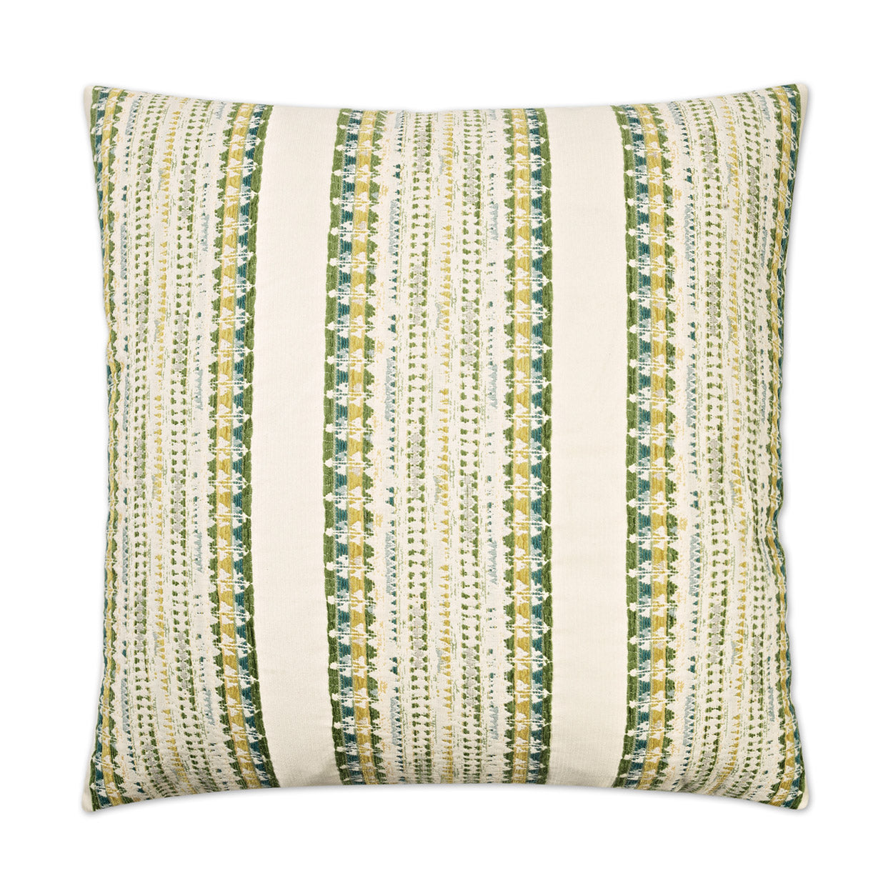 Decorative square throw pillow with vertical green, beige and mustard striped woven pattern.