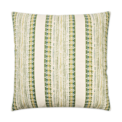 Decorative square throw pillow with vertical green, beige and mustard striped woven pattern.