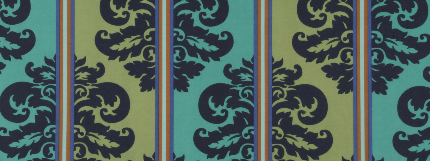 Vibrant damask-pattern fabric in teal, olive and navy with vertical orange-blue stripes for upholstery or drapery.