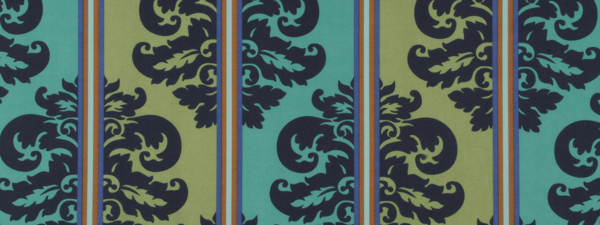 Vibrant damask-pattern fabric in teal, olive and navy with vertical orange-blue stripes for upholstery or drapery.