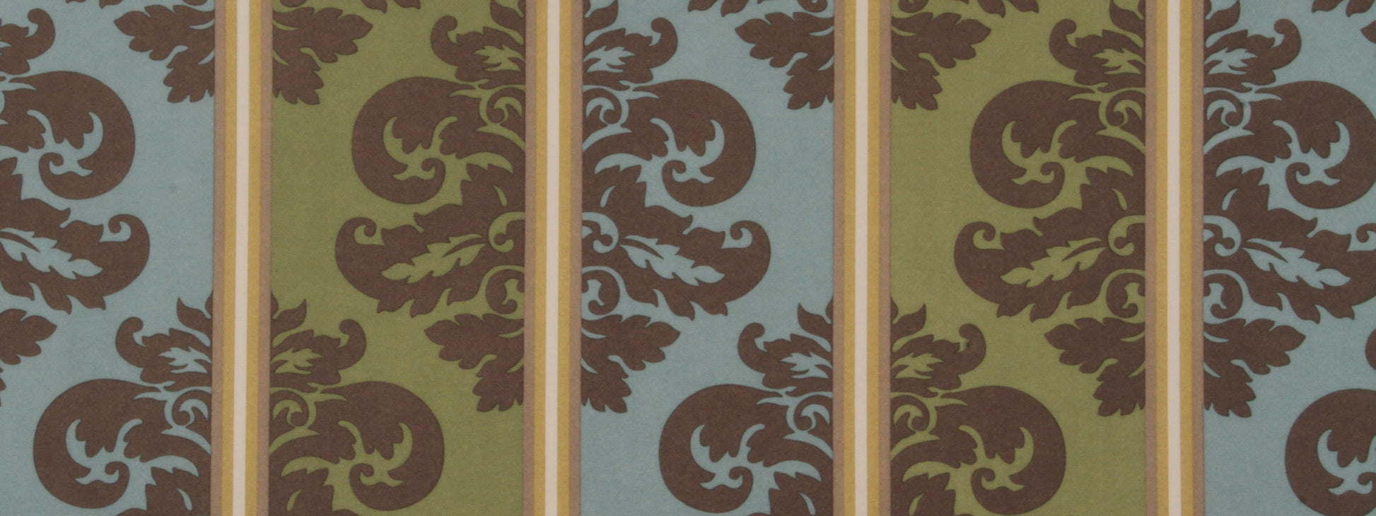 Vintage damask-striped wallpaper with teal & olive panels, brown scrolls, and tan vertical stripes.