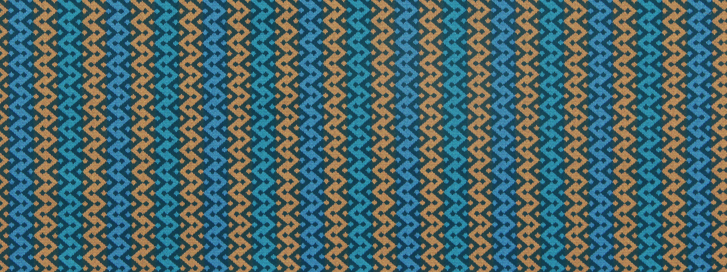 Woven fabric with teal, blue, and tan chevron zigzag pattern; geometric textile suitable for upholstery or apparel.