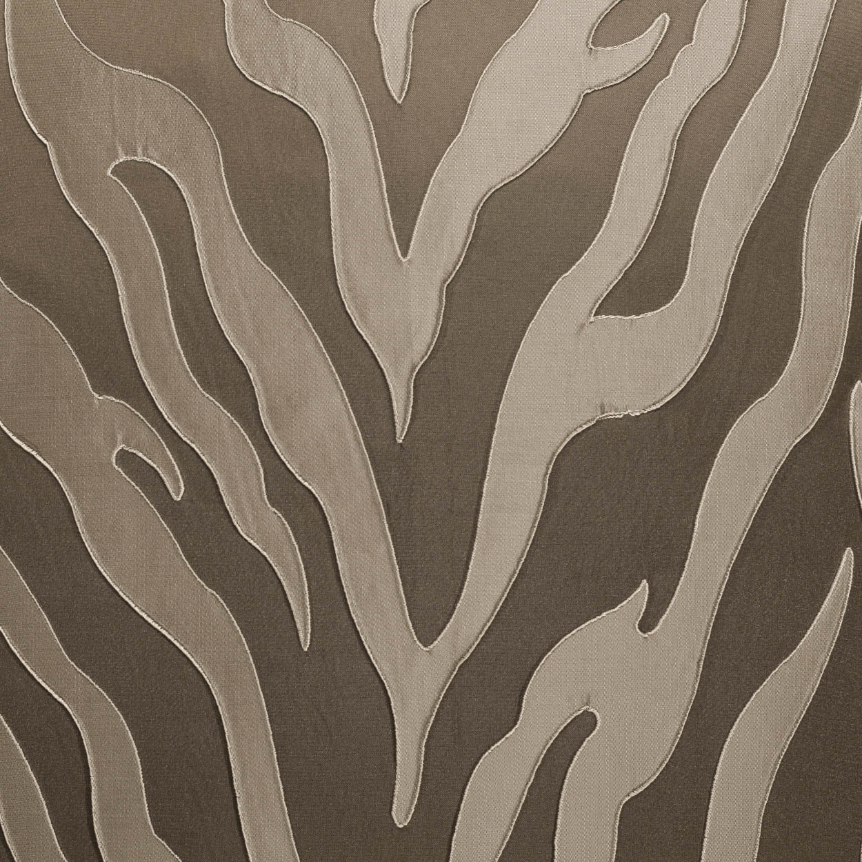 Beige wavy botanical pattern on dark brown fabric, abstract tree-like branches.