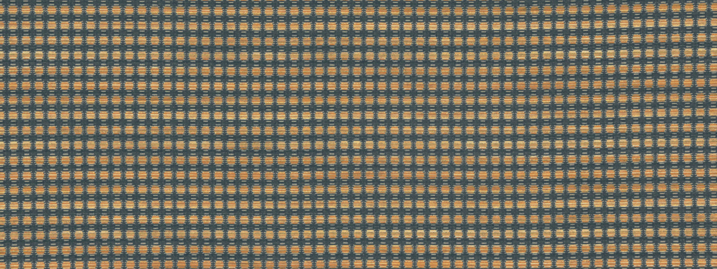 Azure blue woven upholstery fabric with a tan small checkered grid pattern; tight weave.