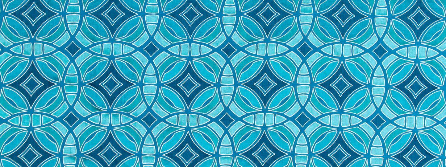 Blue teal interlocking circle and diamond geometric pattern; seamless wallpaper or fabric print.
