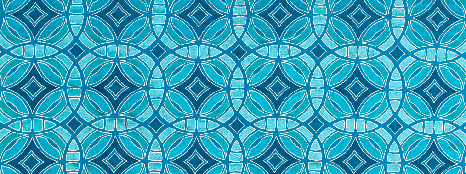 Blue teal interlocking circle and diamond geometric pattern; seamless wallpaper or fabric print.