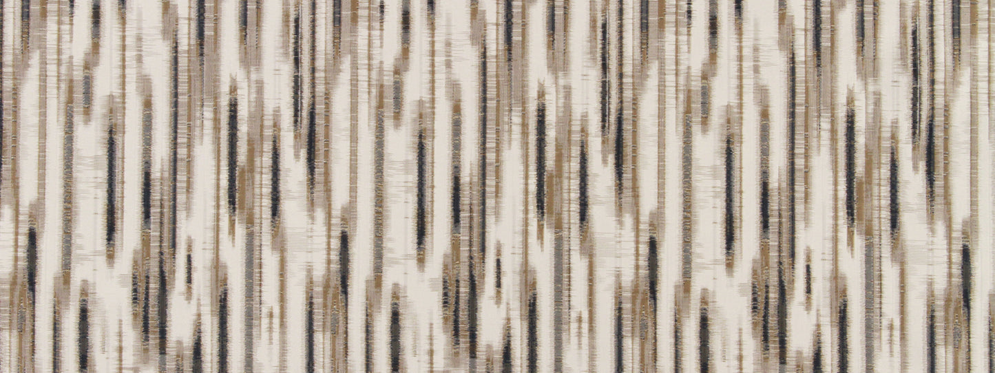 Beige, cream, brown and black ikat-inspired woven fabric with vertical streaks; versatile upholstery or drapery material.