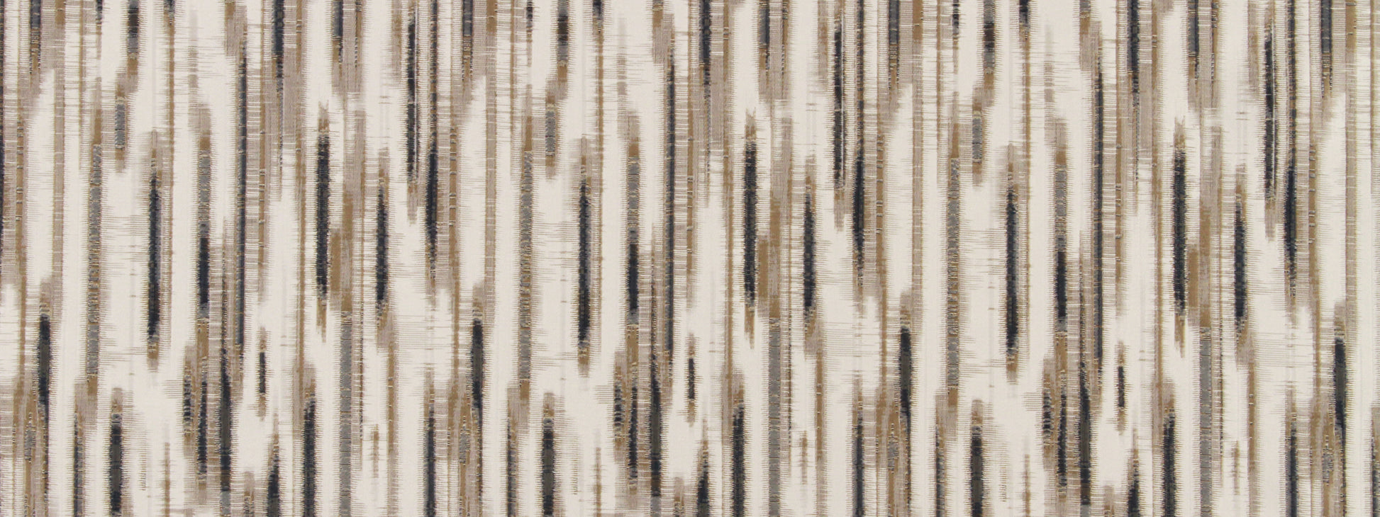 Beige, cream, brown and black ikat-inspired woven fabric with vertical streaks; versatile upholstery or drapery material.