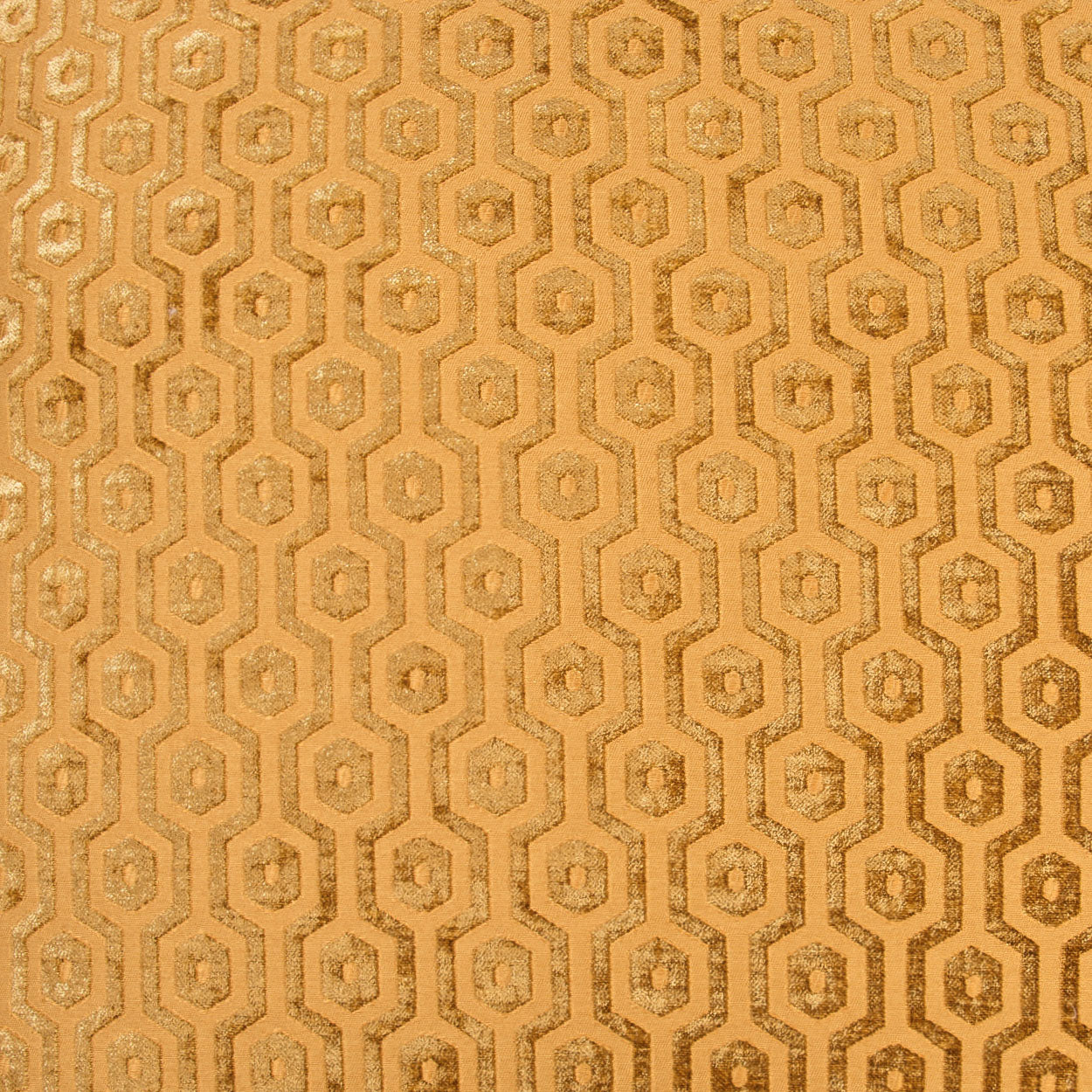 Gold metallic jacquard fabric on a 24" x 24" decorative pillow featuring an antique geometric octagon lattice pattern and subtle embossed texture.