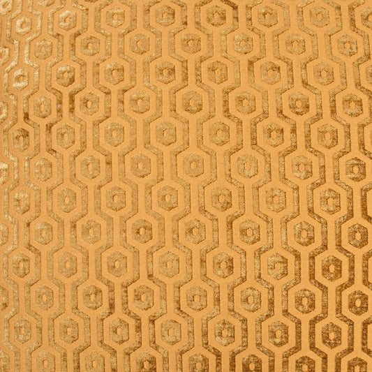 Gold metallic jacquard fabric with a repeating hexagonal honeycomb pattern and subtle texture for upholstery.
