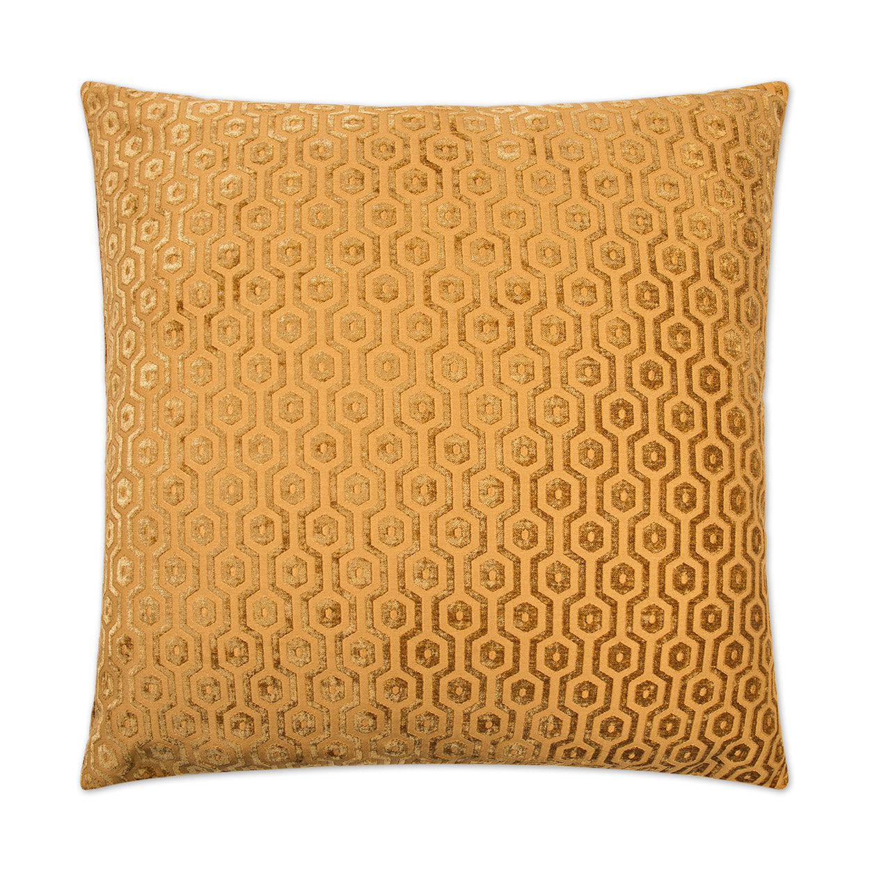 Golden square pillow with metallic geometric hex pattern and plush jacquard texture; 24" x 24" decorative couch accent.