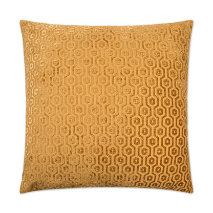 Golden square pillow with metallic geometric hex pattern and plush jacquard texture; 24" x 24" decorative couch accent.