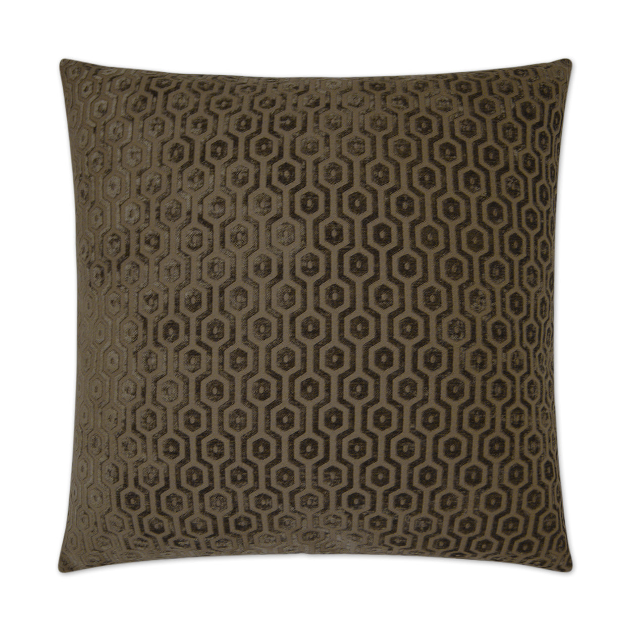 Brown and beige geometric hexagon pattern throw pillow on soft woven fabric, decorative sofa cushion.