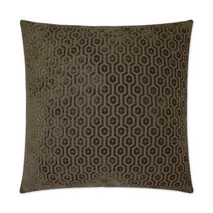 Brown and beige geometric hexagon pattern throw pillow on soft woven fabric, decorative sofa cushion.