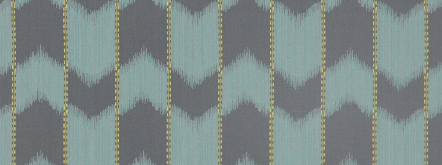 Ikat-inspired teal & charcoal chevron fabric with gold vertical accents for upholstery.