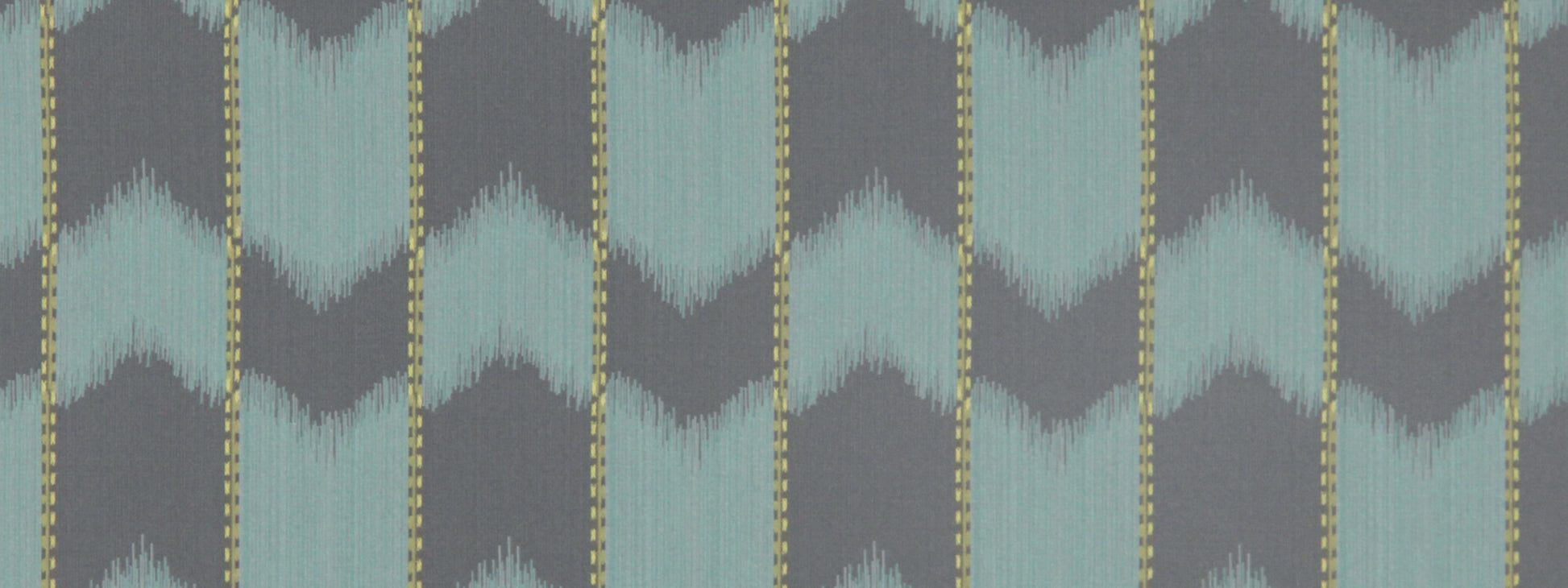 Ikat-inspired teal & charcoal chevron fabric with gold vertical accents for upholstery.