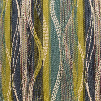 24" x 24" pillow with an abstract woven pattern featuring stripes in olive, teal, navy and mustard; textured fabric.