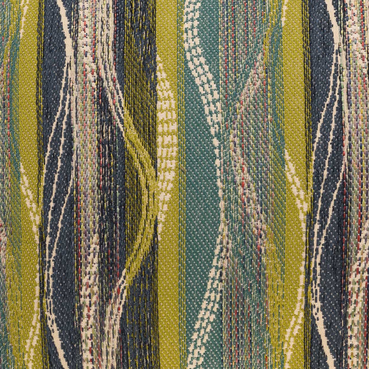 Woven fabric with bold vertical stripes in mustard yellow, teal, navy, and cream; textured upholstery textile.