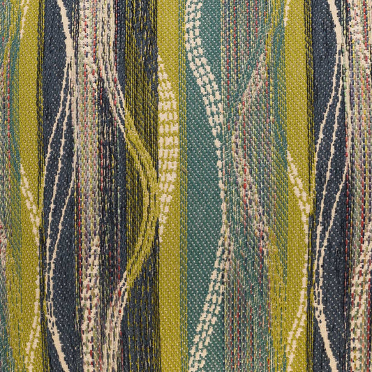 Woven fabric with bold vertical stripes in mustard yellow, teal, navy, and cream; textured upholstery textile.